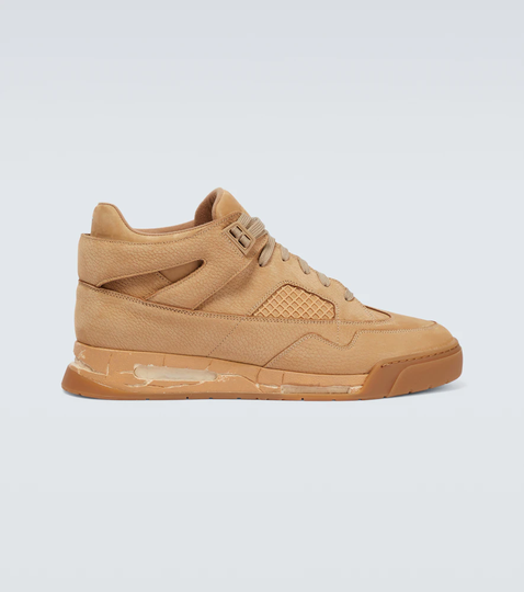 Hi-top mesh and leather sneakers