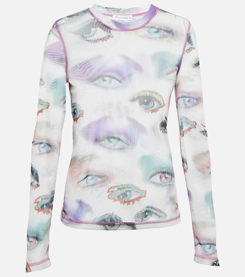 Printed long-sleeved mesh top