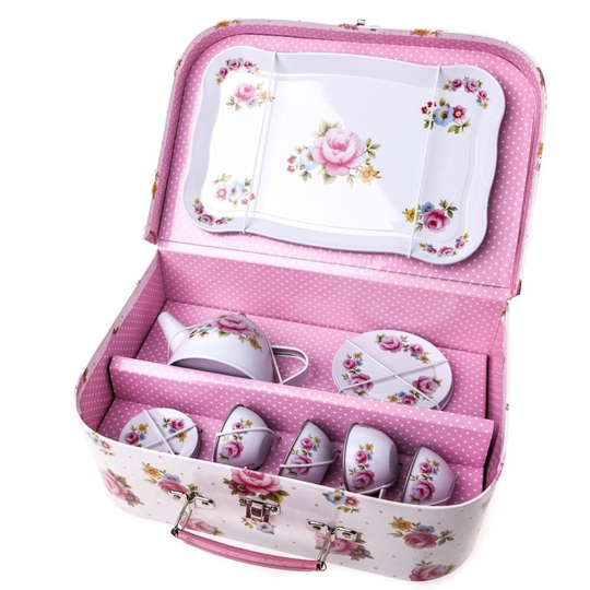 Childrens Rose Covered Tin Tea / Picnic Set and Case