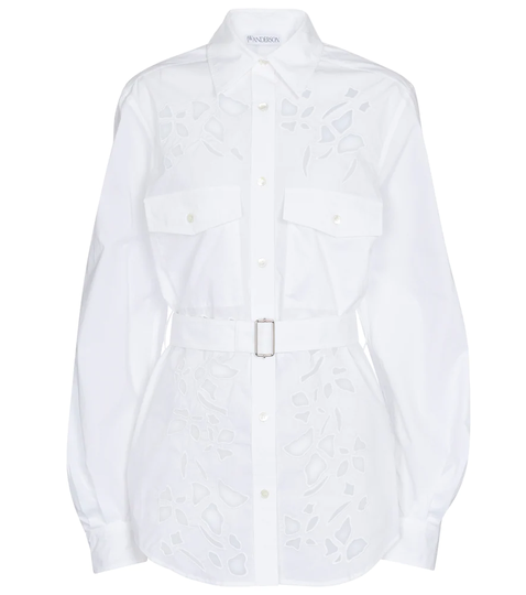 Belted cutout cotton poplin shirt