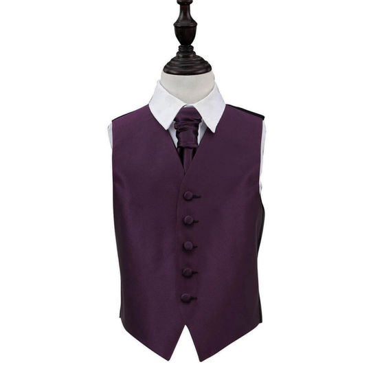 Cadbury Purple Solid Check Wedding Waistcoat & Cravat Set for Boys 34'