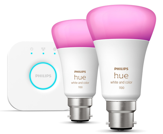 Philips Hue Smart LED Colour B22 Bulbs & Bridge Starter Kit