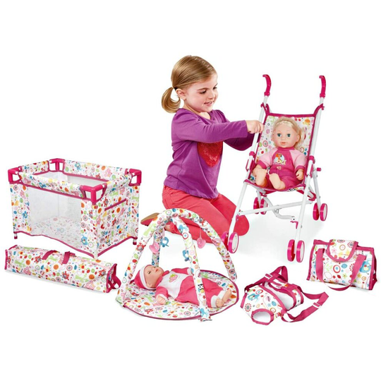 deAO Kids 5-in-1 Role Play Deluxe Baby Doll Playset with Play Mat, Travel Cot, Baby Carrier, Stroller and Travel Bag (Doll Not Included)