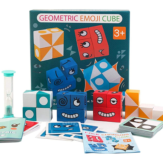 Expression Puzzle Building Cubes, Funny Geometric Emoji Puzzle Cube with 50 Cards, Wooden Face-Changing Magic Cube Building Blocks