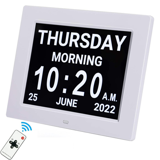 (White) 7 Inch Digital Day Alarm Clock LED Calendar Dementia Time Date Month Memory Christmas