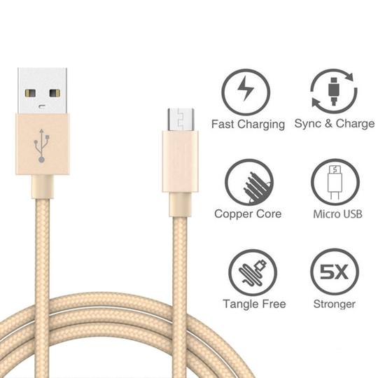(1 Metre, Gold) 1M 2M 3M Fast Charging 2A Nylon Braided Micro USB Charger Cable Data Sync Cord For Samsung Galaxy S7 S6 S5 S4 Note Tablet Tab Edge Hua