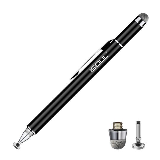 (Black) ISOUL 2-in-1 Stylus Pen & 2 Replaceable Tips | Capacitive Stylus