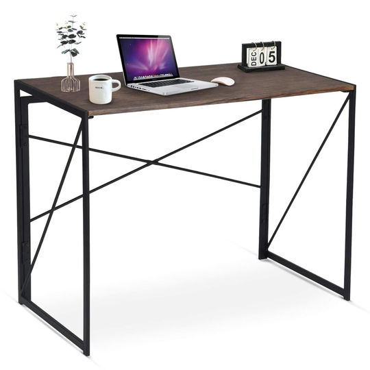Folding Computer Desk Table, Compact Foldable Home Office Computer PC Laptop Workstation Desk Table for Home Office, Wood & Metal, Brown Black