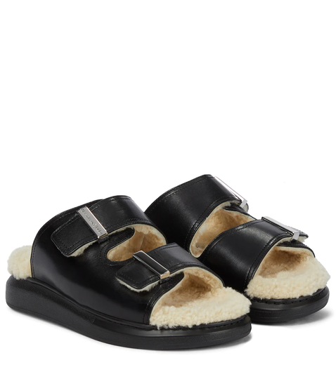 Shearling-trimmed leather sandals