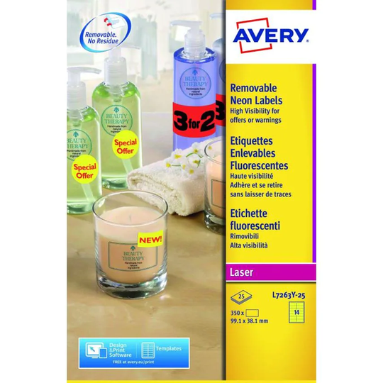 Avery Laser High Visibility Removable Label 99x38mm 14 Per A4 Sheet Neon Yellow
