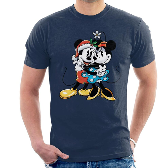 (M, Navy Blue) Disney Christmas Mickey And Minnie Festive Hug Men's T-Shirt