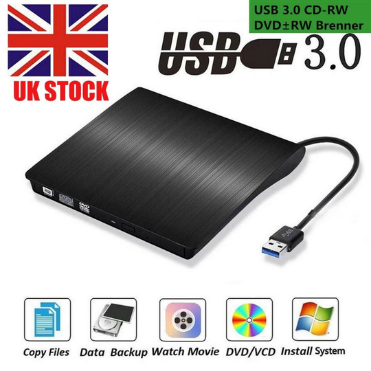 (Black) USB 3.0 External DVD RW Drive CD DVD Rewriter Burner Reader for Laptop PC MAC HH