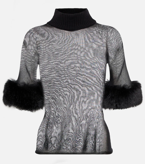Faux fur-trimmed sheer silk top