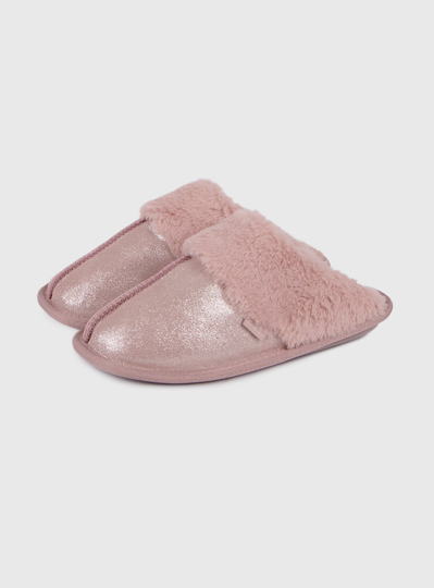 Pink Glitter Suede Mule Slippers With Faux Fur - S