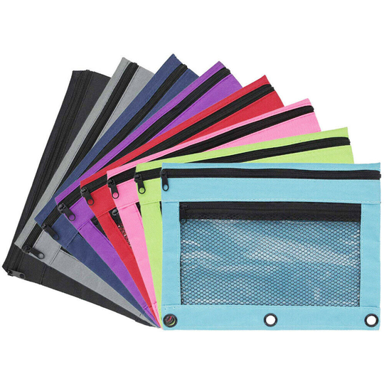 (Pink) Double Pocket Zipper Pencil Pouch With Grommet 3 Ring Binder Pen Mesh Pocket