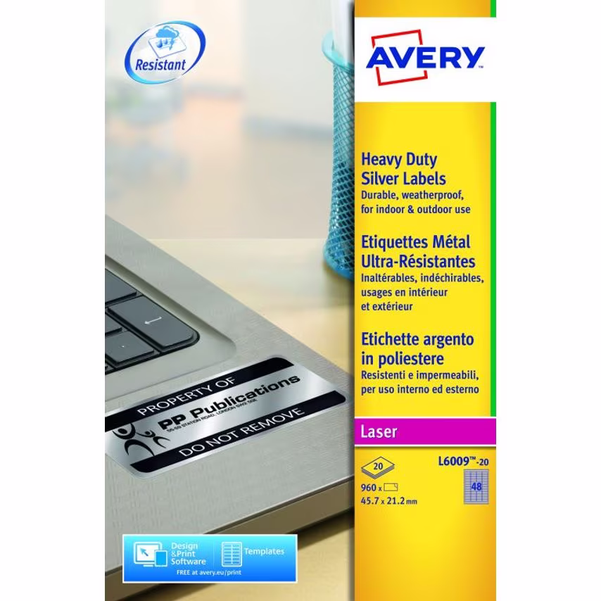Avery Laser Heavy Duty Label 45.7x21.2mm 48 Per A4 Sheet Silver (Pack 960 Labels