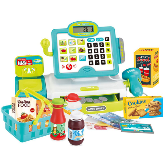 The Magic Toy Shop Kids Electronic Cash Register Toy & Play Food Set Supermarket Till Pretend Play