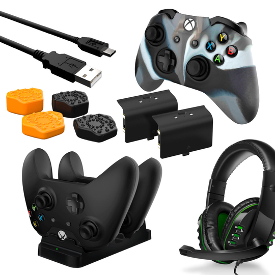 Premium Player Pack 6-in-1 Bundle for Xbox One with Headset, Charging Dock, 2x Rechargeable Batteries, Silicone Skin, 4x Thumb Grips