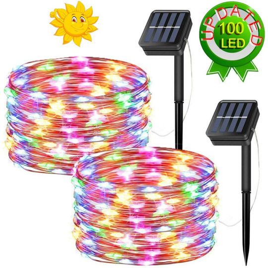 2 Pack 10M Solar-Powered String Of 100 Multi-Coloured LED Fairy Lights