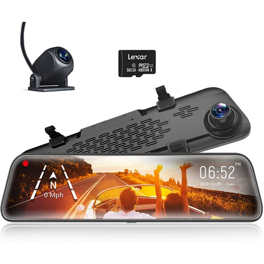 WOLFBOX 12" Mirror Dash Cam Front and Rear Camera, 1920P Car Camera with Stream Media Touch Screen and Backup Camera, Waterproof Rear View Camera,