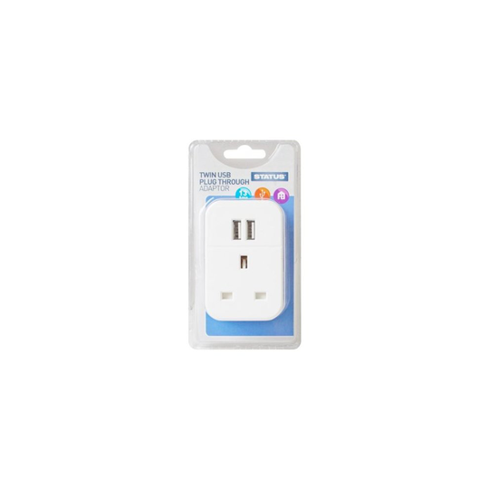 Twin USB Plug Through Socket Adaptor - White - Single Pack