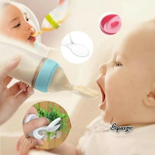 (Blue) Silicone Baby Feeder Squeeze Bottle With Spoon Food Rice Cereal Feeding