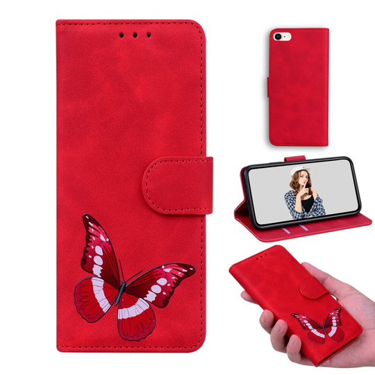 Case for iPhone SE 2022 Butterfly Cover Premium Leather Magnetic- Red