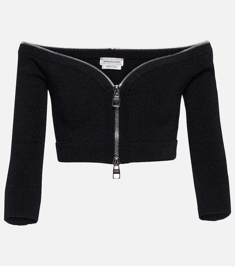 Zipped ribbed-knit cropped top