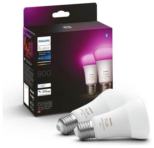 Philips Hue E27 Colour Smart Bulb With Bluetooth - 2 Pack