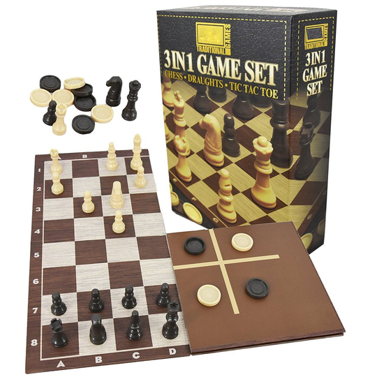 3 in 1 Traditional Retro Board Game Set Compendium Chess, Draughts, Tic Tac Toe
