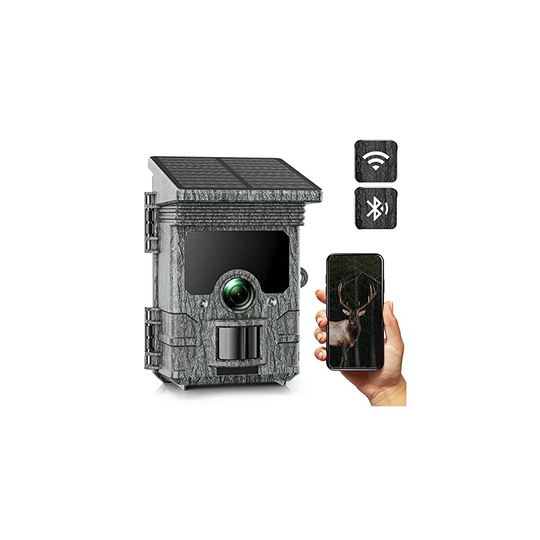 Solar Powered Wildlife Camera WiFi 24MP 2K Bluetooth Trail Game Camera with 120PIR Range Scouting Camera with Night Vision for Wildlife Monitoring IP