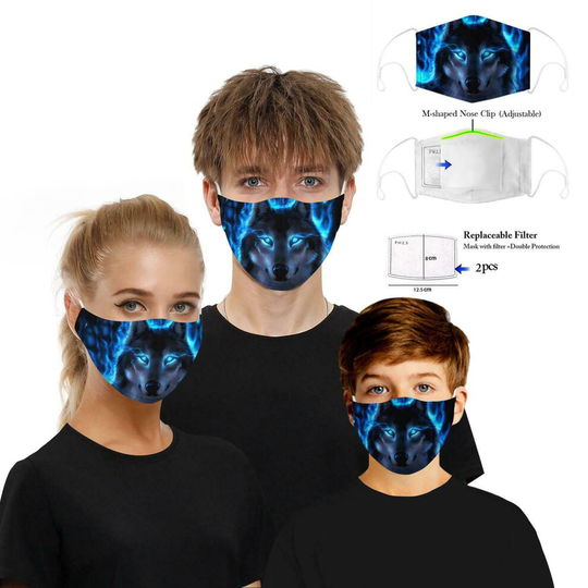 (Wolf With Nose Clip) Face Mask Protective Covering Washable Reusable Unisex Replaceable Filter 3D UK