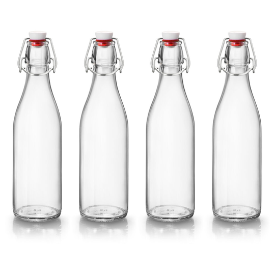 (500ml, 4) 1L Clear Glass Swing Flip Top Lid Water Bottle Set