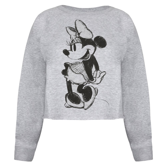 (X-Large, Grey Heather) Disney Ladies - Minnie Sketch - Cropped Crew Sweat