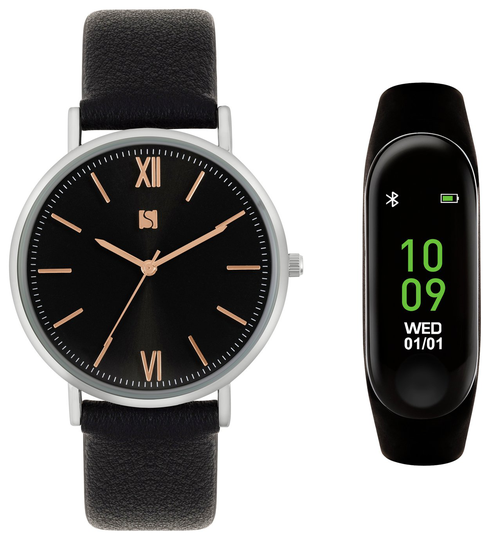 Spirit Men's Black Fitness Tracker/ Black Strap Watch Set