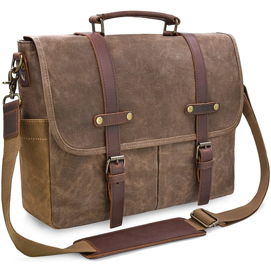 Mens Messenger Bag 15.6 Inch Waterproof Vintage Genuine Leather Waxed Canvas Briefcase Large Satchel Shoulder Bag Rugged Leather Computer Laptop Bag