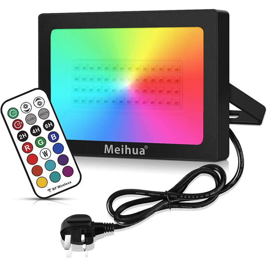(60W) 60W RGB Flood Lights Outdoor, MEIHUA 360? RF Remote Control Garden Lights Timing and Memory Function Color Changing Led Floodlights for Chri