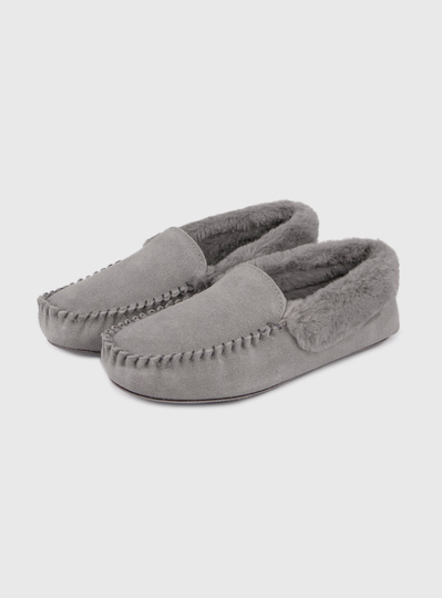 Grey Faux Fur Detail Moccasin Slipper - 6