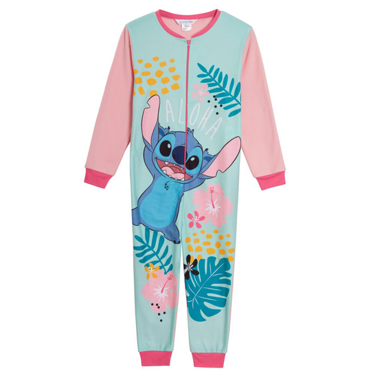 (5-6 Years) Disney Stitch Girls All In One Pyjamas For Kids Lilo Fleece Pjs Zip Up Nightwear