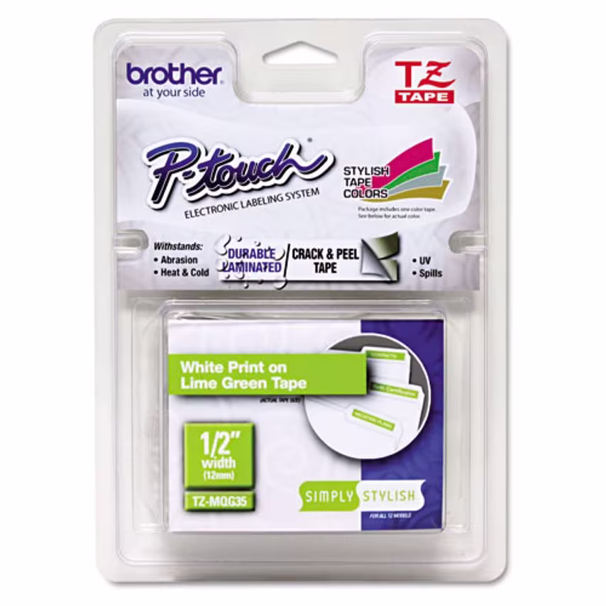 Brother Accessories Low TZE-MQG35 White on Lime GREEN5M Matt- you get 16