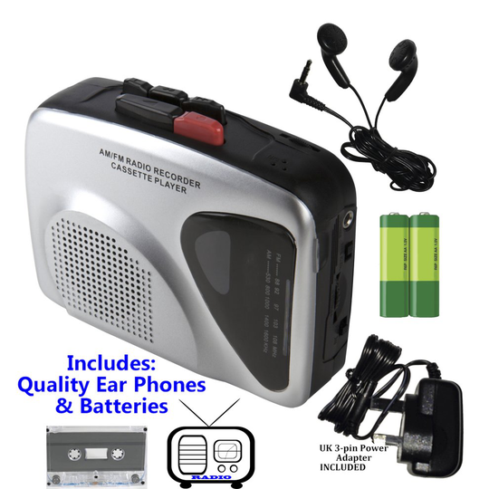Classic Portable Personal Cassette Tape Recorder / Player and Radio. Built-In Speaker. Black, Silver. INC Batteries AND Electric Power Supply