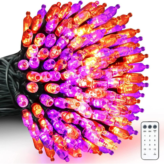 (Purple & Orange) WUJUN Halloween Lights 33ft 100 LED Battery String Lights with Timer&Memory Function & 8 Modes,USB/Battery Powered Waterproof String