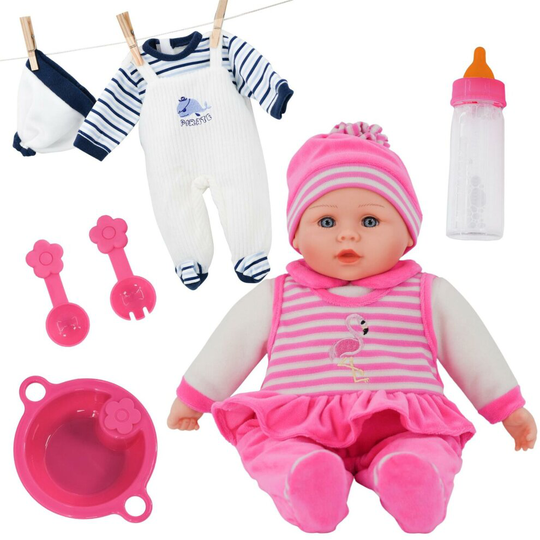 The Magic Toy Shop Baby Girl Doll Toy & Extra Boy Outfit 16" With Sounds Feeding Set & Magic Bottle