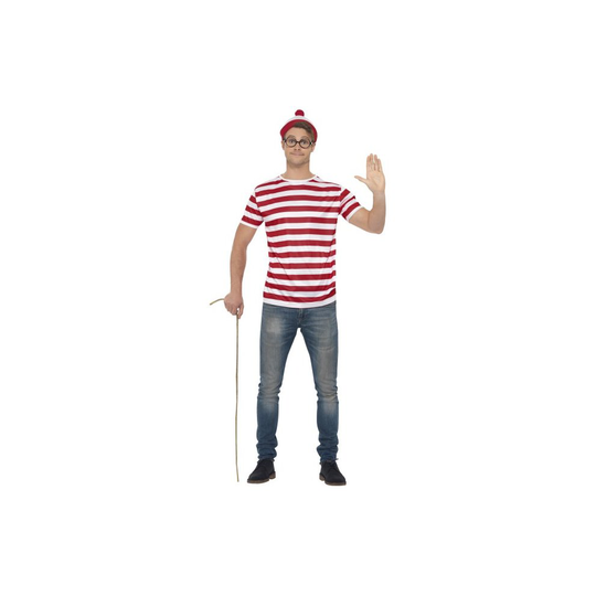 Smiffy's Unisex Official Where's Wally Accessory Kit With Thsirt/hat And - wheres wally fancy dress kit mens costume adult instant waldo book week