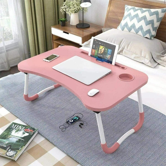 (Pink) Laptop Desk Laptop Bed Tray Table Large Foldable Laptop Notebook Stand Desk with Ipad and Cup Holder