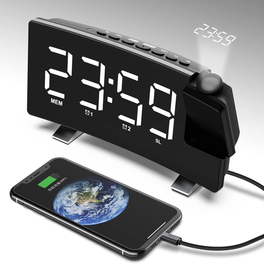 Projection Alarm Clock with FM Radio, USB Charger, 8"LED Mirror Screen