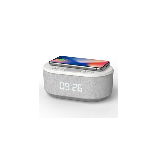 Bedside Wireless Charging Radio Alarm Clock with Dimmable LED Display - Mains Powered Non Ticking Dual Alarm Clock with USB Charger and Bluetooth Spea