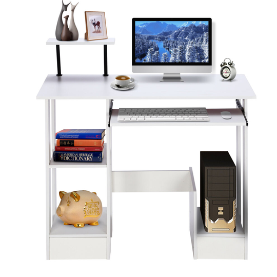 White Wooden Computer Desk Laptop PC Table Shelves Workstation