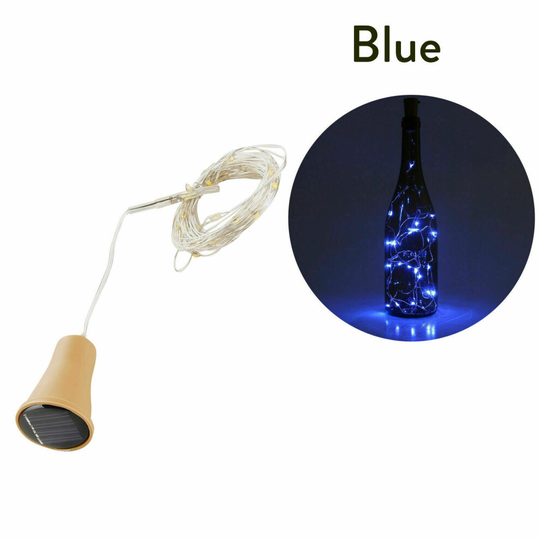 (Blue, 1.5m-15LEDs) 1M 2M LED Solar Fairy Lights Copper Wire Cork Wine Bottle String Light Decor