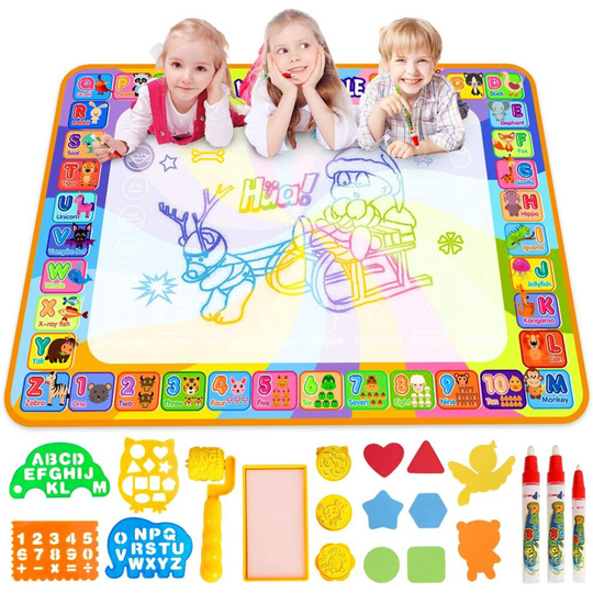 Water Doodle Mat, Larger 100 x 70cm Multicolored No Mess Water Drawing Painting Pad with 3 Magic Pens & 8 Stamps - Best Educational Toy & Xm